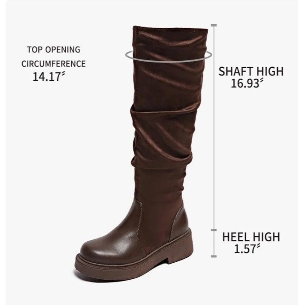 Women's Fashion Thick Heel Riding Boots Brown Side Zipper Durable Elegant 7.5
